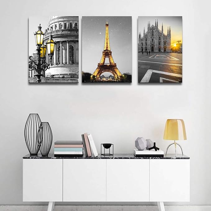 Black and white Architectural landscape Canvas Wall Art for Living Room kitchen Wall Artworks Bedroom Decoration, 3 Piece framed bathroom Home Wall decor posters Yellow Eiffel Tower wall painting