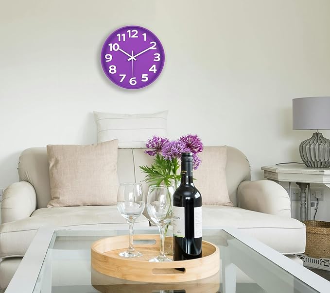 45MinST 12-Inch Modern Indoor Outdoor Wall Clock, Silent Non-Ticking, Large Numbers, Accurate Timekeeping, Perfect Decorative Accent for Home or Office (Purple)