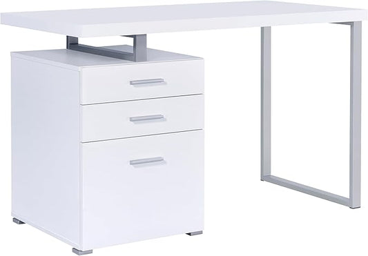 Coaster Home Furnishings Brennan Modern Contemporary Home Office 3-Drawer Writing Desk with Drawers Computer Desk Study Table File Cabinet Storage Silver Metal Frame White 800325