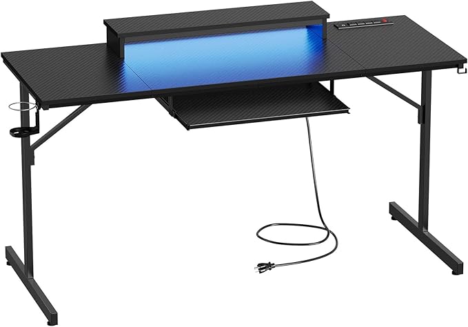 Bestier 63 Inch Gaming Desk with Power Outlets & LED Lights, Large Computer Desk with Monitor Stand & Keyboard Tray Home Office Table with Cup Holder & Headset Hook, Carbon Fiber Black