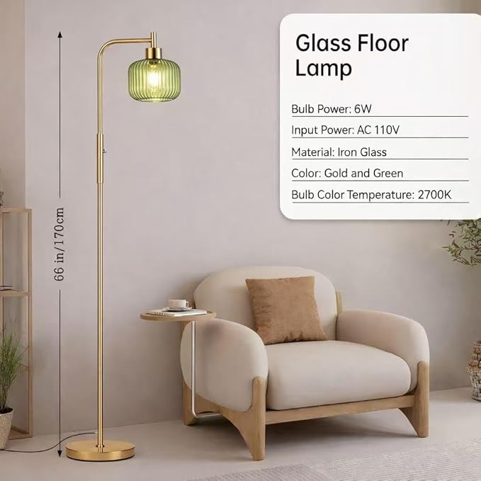 Glass Floor Lamp for Living Room, Dimmer Standing Lamp with Green Ribbed Lampshade,66” Tall Lamp & Gold Floor Lamp for Bedroom Study Room,Brushed Gold (Drum Green Glass Shade)
