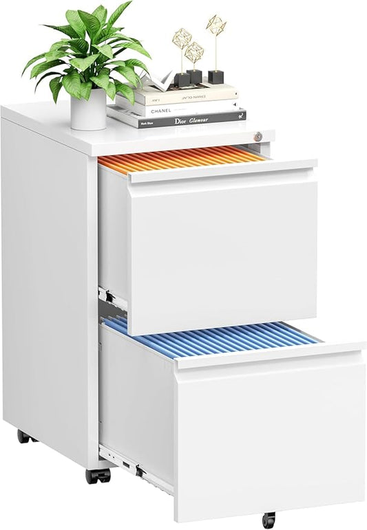 2 Drawer Mobile File Cabinet, Metal Rolling Filing Cabinet with Lock for Home Office, Under Desk Small Cabinet with Wheels Fit A4/ Legal/Letter, White