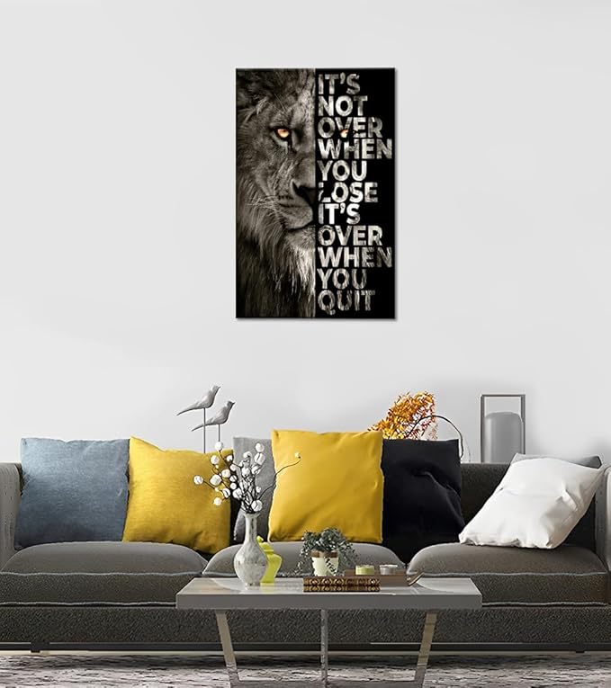Large Wooden Framed Inspirational Office Artwork Black and White Lion Head Portrait with Motivational Sayings HD Print Giclee Canvas Paintings Pictures for Coffee Shop Framed Easy to Hang-28 x 44 in