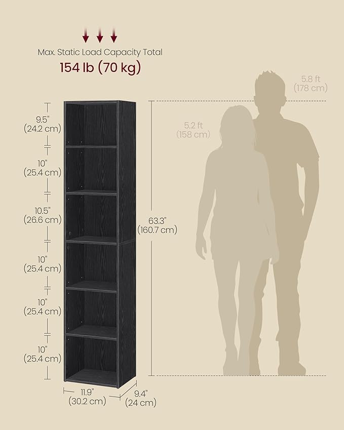 VASAGLE Custos Collection - Bookshelf, 6-Tier Bookcase, Book Shelf, Open Storage Shelf, 9.4 x 11.9 x 63.3 Inches, for Living Room, Home Office, Dinning Room, Ebony Black ULBC411B01