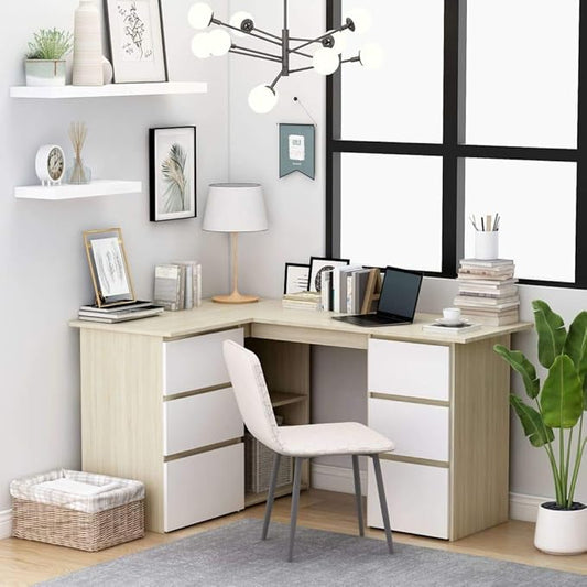 L Shaped Corner Desk Modern Writing Computer Desk, Home Office Desk Writing Study Table PC Desk Workstation for Bedroom, White and Sonoma Oak 57.1"x39.4"x29.9" Engineered Wood(F)