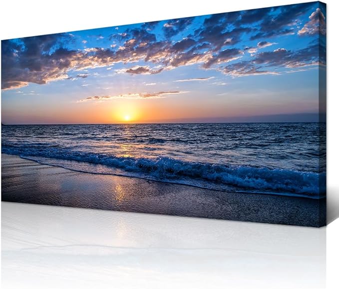 Wapluam Beach Wall Art -Blue Sea Coastal Sunset Natural Scenery Picture -Print On Canvas Ocean Seascape Canvas Print Artwork for Living Room Bedroom Bathroom Home and Office Wall Decor 24" x 48"