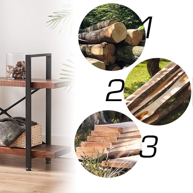 HSH Natural Real Wood Bookshelf, 2 Tier Small Rustic Vintage Industrial Etagere Bookcase, Low Open Metal Farmhouse Solid Wooden Book Shelf, 2 Shelf Bookcase for Living Room Bedroom, Distressed Brown