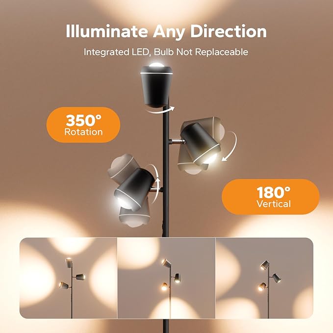 36W LED Tree Floor Lamp, Upgraded 3 Rotatable Lights Standing Lamp with Remote & Touch Control, Dimmable Tall Lamp Modern Floor Lamps for Living Room Bedroom Office