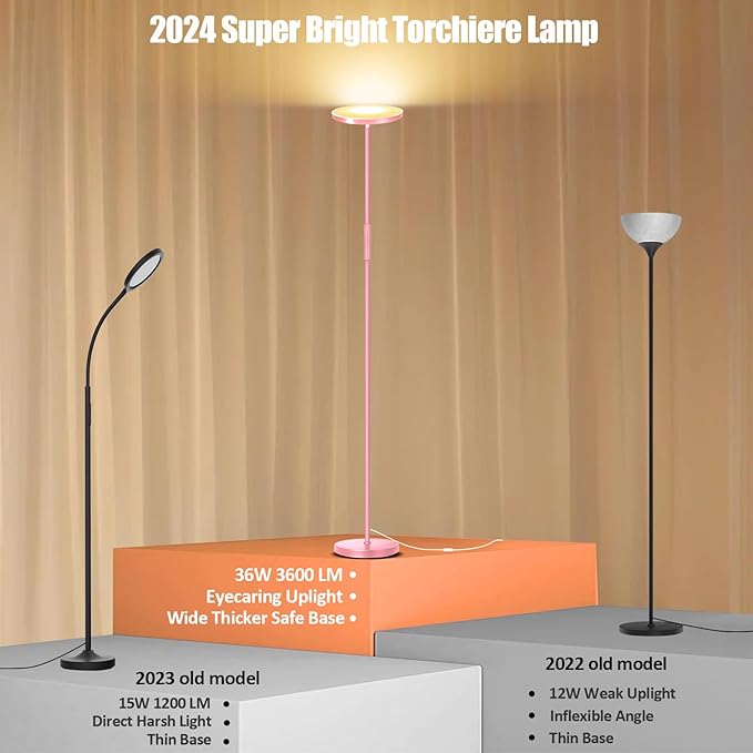 Floor Lamp, Upgraded 40W 4000LM Super Bright Torchiere LED Floor Lamps for Living Room, Stepless Dimmable Color Temperature 2700K-6500K with Remote & Touch Control, Standing Light (40W Pink)
