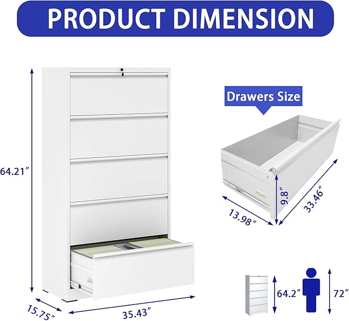 5 Drawer Vertical File Cabinet with Lock, Metal Lateral Filing Cabinet with Hanging Letter/Legal/A4 Folders, Locking Steel Cabinet for Home, Office, Assembly Required - White