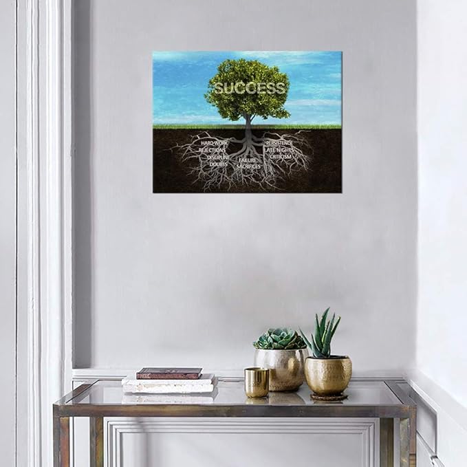 Modern Inspirational Wall Canvas Quotes Office Wall Decor Success Tree Roots Painting Prints on Motivational Posters Entrepreneur Artwork Framed Ready to Hang for Office Decor - 18''Hx24''W