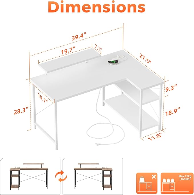 Mericonia Small L Shaped Computer Desk with Power Outlets, Reversible Gaming Desk with Storage Shelves & Monitor Stand, Corner Gamer Desk Table, Study Writing Table