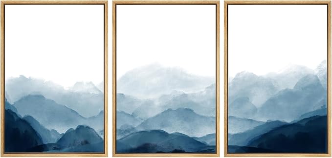 SIGNWIN Framed Canvas Print Wall Art Blue Watercolor Mountains in Fog Nature Wilderness Illustrations Modern Art Rustic Scenic Relax/Calm Cool for Living Room, Bedroom, Office - 16"x24"x3 Natural