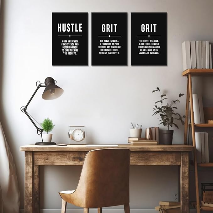 Yatsen Bridge Hustle Grind Execute Canvas Wall Art - 3 Panel Inspirational Quote Prints Black & White Motivational Poster Framed Artwork for Office, Home, or Gym Wall Decor (12x16 in x 3)