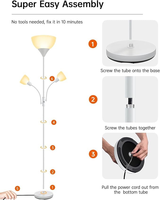 Floor Lamp, Torchiere Floor Lamps for Living Room, 71 Inch Tall Standing Lamp, Bedroom Lamps with Reading Light, Rotary Switch, 3 Plastic Lampshade, Torch Floor lamps for Bedroom (White, No Bulb)