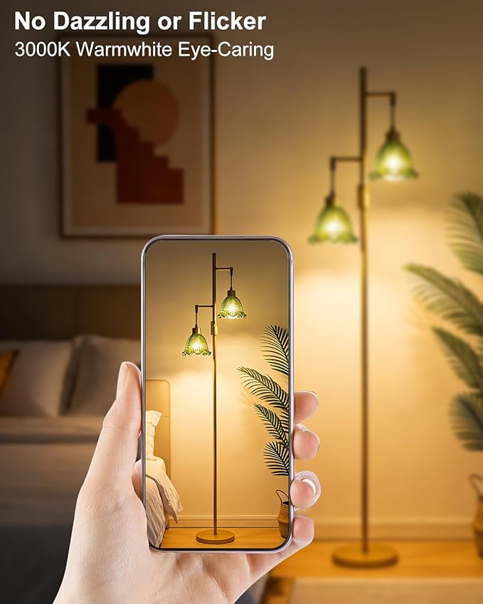 Lightdot 2- Light Gold Flower Floor Lamp for Living Room, 65IN Dimmable Floor Lamps with Green Glass Shade& 3000K Warm White Bulbs, Modern Standing Tall Lamp for Bedroom Office Sofa Beside Home Decor