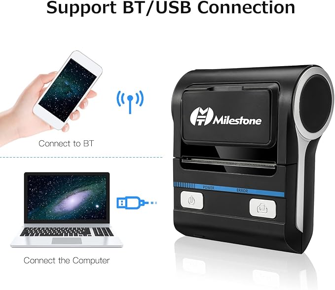Portable 80mm Thermal Printer, and USB Double Mode Connection Built in Rechargeable Battery Small Printer for Office, Small Business, Study Graphics (US Plug)