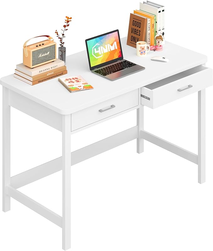 4NM 39.4" Computer Desk with Drawer, Morden White Home Office Desk, Study Writing Table with Storage for Small Spaces,Vanity Desk Makeup Table for Bedroom - White