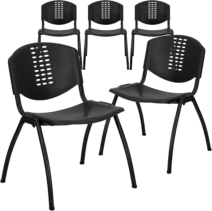 Flash Furniture 5 Pack HERCULES Series 880 lb. Capacity Black Plastic Stack Chair with Oval Cutout Back and Black Frame