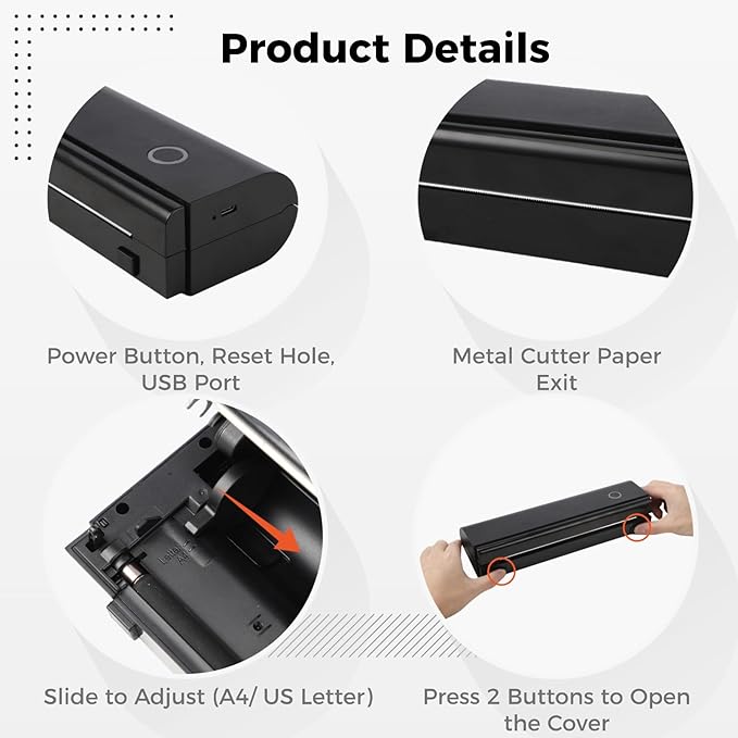 Travel Thermal Printer, Inkless Mobile for A4 Us Letter, Bt/USB, 11X3.3X2 in, Smartphone Tablet Pc, Office/Home
