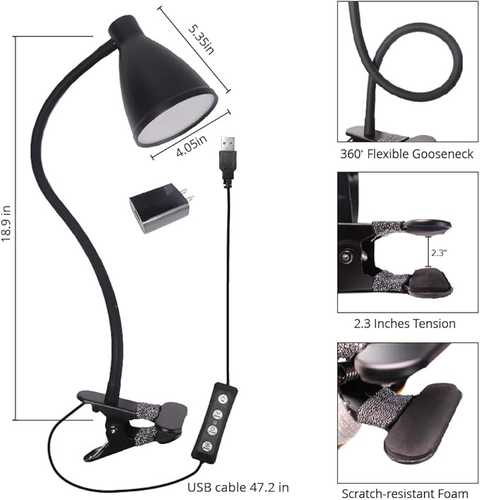 GlowVibe Desk Lamp 3 Color Modes 10 Brightness Dimmer Reading Light 10W 40 LED Clamp Lamp 360° Flexible Neck Clip on Light for Bedroom and Office Home Lighting, AC Adapter Include