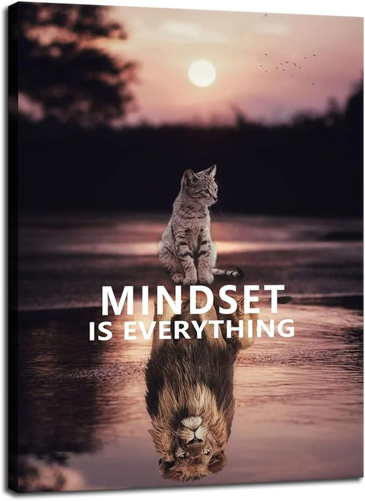 Cute Animal Posters Cat and Big Lion Mindset is Everything Inspiring Canvas Painting Wall Art Print Artwork Holiday Gift Home Decoration Office Frame Bedroom Ready to Hang[30″W X 40″H]