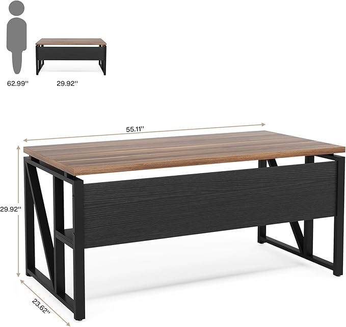Tribesigns 55 inches Computer Desk with Bottom Storage Shelf Home Office Desk Writing Table for Workstation, Dark Walnut + Steel Leg, Cabinet not Included (Walnut, 55-inch -with Shelf)