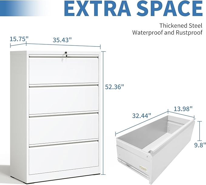 File Cabinets 4 Drawer,Metal Office Storage Filing Cabinet with Lock,White Lateral Filing Cabinet for Home Office,Horizontal Locking File Cabinet for Legal/Letter/A4,Assembly Require,White