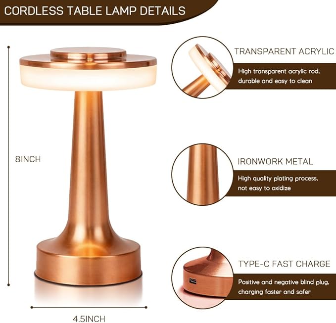 Cordless Metal Desk Lamp, Touch Sensor Control LED Table lamp,3 Color Stepless Dimmable Battery Powered Lamp for Living Room, Dorm, Home Office (Matte Rose Gold)