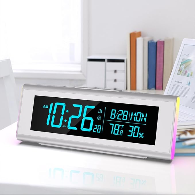 Alarm Clocks for Bedrooms, LED Desk Clock with RGB Night Light, Brightness Dimmer, Date, Week, Temperature Large Display, Modern Decor for Desk, Office, Gift for Kids, Teen, Adults (Silver)