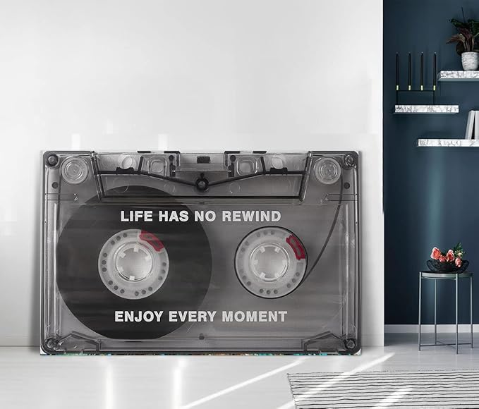 Life Has No Rewind Enjoy Every Moment-Inspirational Office Wall Decor Canvas Art Audio Cassette Framed Art Vintage Cassette Canvas Wall Art Motivational Gift Wooden Framed Ready to Hang-44x28 inches