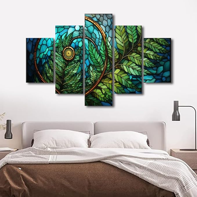 Canvas Wall Art for Home Modern 5 Panel Canvas Poster Stained Glass Style Canvas Wall Art Spiral Green Leaf Picture Prints for Living Room Decoration Stretched and Framed Ready to Hang 60x40 in