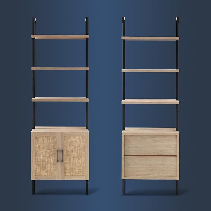 5 Tier Book Shelf, 73" Tall Bookshelf with Storage, Modern Bookcase with Shelves, Wall Mount Ladder Shelf with Steel Frame, Bookshelves with Rattan Cabinet for Living Room (Weathered Oak)