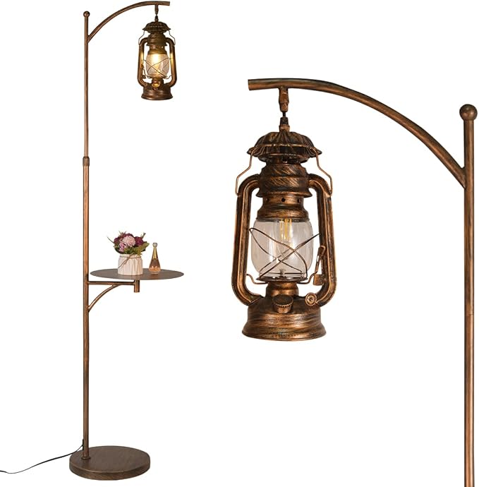 beaysyty Farmhouse Adjustable Floor Lamps with Tray Lantern Tall Standing lamp for Bedroom Home Decor for Office Cafe Den Living Room Bedroom, On/Off Foot Switch and Brushed Rustic (Red Copper)