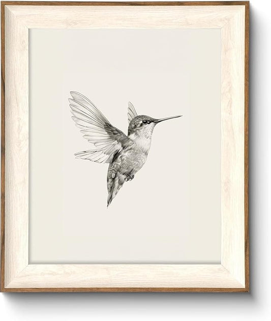 ASTRDECOR Hummingbird Wall Art Prints – Vintage Black and White Bird Sketch Painting Picture, Rustic Neutral Decor Canvas Wall Decor for Nursery, Bedroom, Living Room – Framed 10''x12''