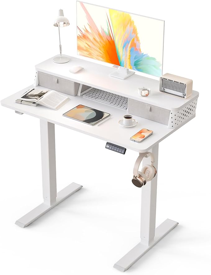 Kingant 35 x 20 Inch Small Electric Standing Desk with Dual Drawers, Height Adjustable Sit to Stand Computer Desk with Storage Shelf and C-Clamp Mount Compatibility for Home Office, White
