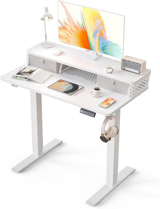 Kingant 35 x 20 Inch Small Electric Standing Desk with Dual Drawers, Height Adjustable Sit to Stand Computer Desk with Storage Shelf and C-Clamp Mount Compatibility for Home Office, White