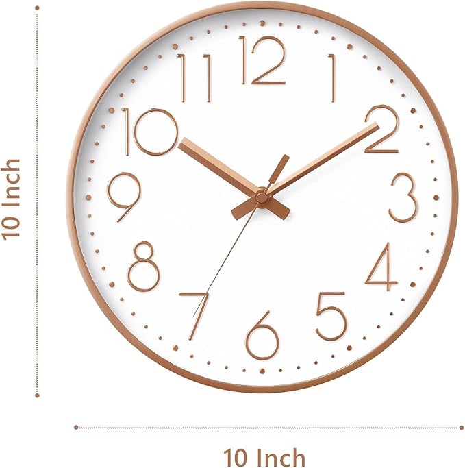 Wall Clock - 10 Inch Silent Non-Ticking Modern 3D Wall Clocks Battery Operated - Decorative Clock for Kitchen, Home Office, Bathroom, Bedroom(Rose Gold)
