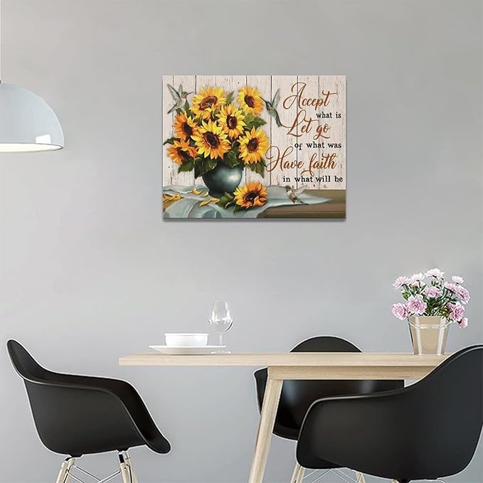 Farmhouse Sunflower Wall Art Country Sunflower Hummingbird Pictures Wall Decor Rustic Sunflower Canvas Painting Modern Artwork Home Decorations for Bathroom Dining Room Kitchen Bedroom Office Framed