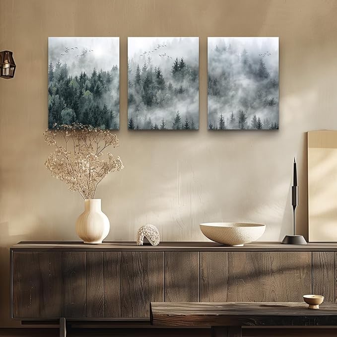Canvas Wall Art For Living Room Modern Wall Decorations For Bedroom Foggy Forest Trees Landscape Wall Painting Office Wall Decor Canvas Prints Home Decor Ready To Hang Wall Pictures 16"X24"X3 Panels