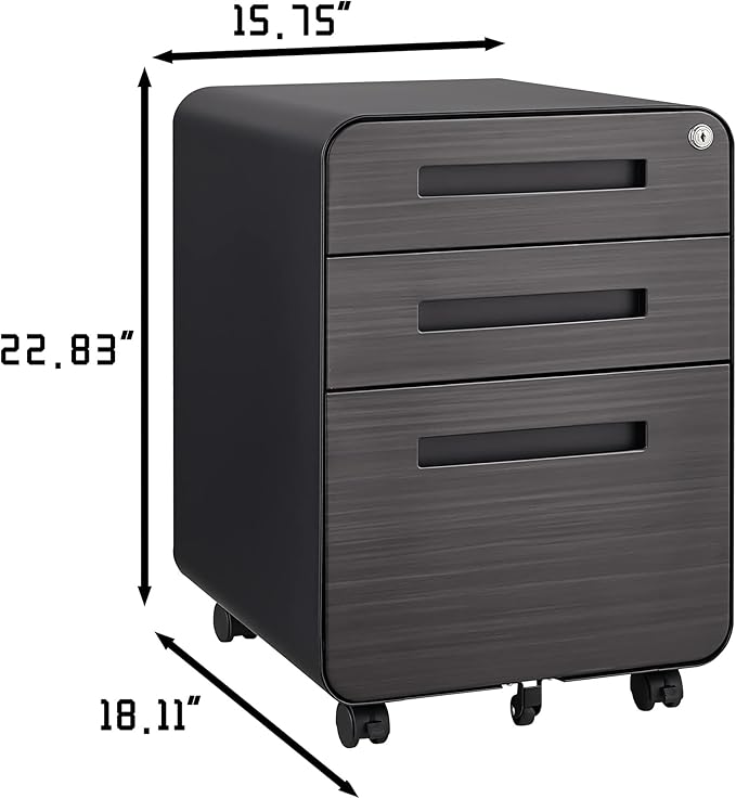 3 Drawer Mobile File Cabinet with Lock, Under Desk Storage Filing Cabinet for Home Office, Small Rolling File Cabinet for Legal, Letter and A4 Files (Black3)