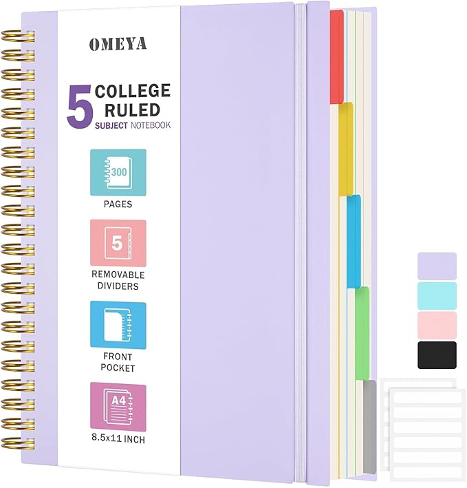 Spiral Notebook 8.5" x 11", 5 Subject Notebooks College Ruled with Removable Dividers, 300 Pages 100GSM Thick Spiral Writing Journal for Women & Men, Large A4 Lined Journal Notebooks for Work, School
