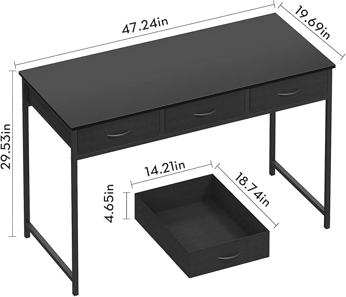 WOHOMO Computer Desk with 3 Drawers, 47.2 Inch Small Vanity Desk with Storage, Home Office Bedroom Desk for Small Spaces, Modern Work Writing Study Gaming Tables, Black