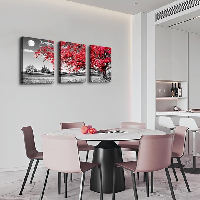 canvas wall art for living room family bedroom Wall Decor Black and white red tree moon landscape painting Ready to Hang for room Decorations Works office Decor Prints pictures 12" x 16"3 Pieces