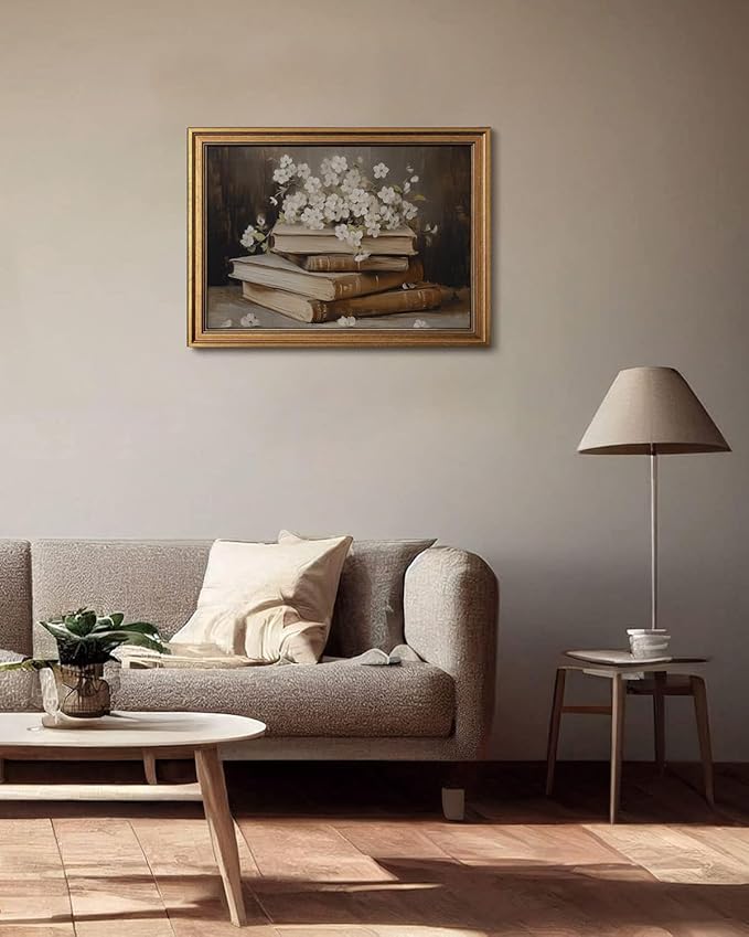 Gold Framed Wall Art Vintage Canvas Wall Art Moody Books and Flowers Dark Academia Decor Artwork Prints Picture for Living Room Bedroom Farmhouse Bathroom Office Decor, 16x24