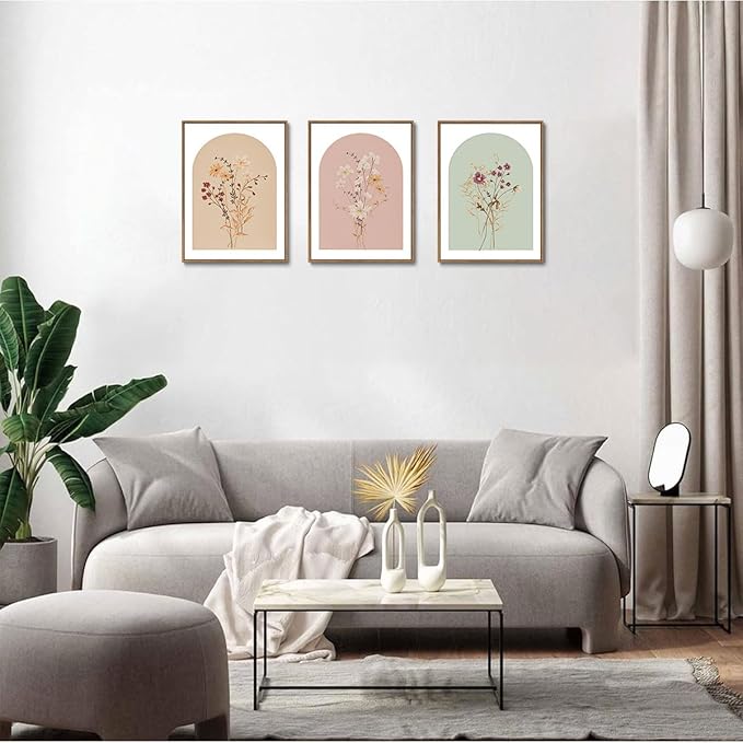 KISSFOX 3 Piece Framed Wall Art Wildflower Wall Decor Floral Pictures Botanical Canvas Art Pink Green Yellow Paintings Minimalist Boho Artwork For Girly Room Bedroom Living Room