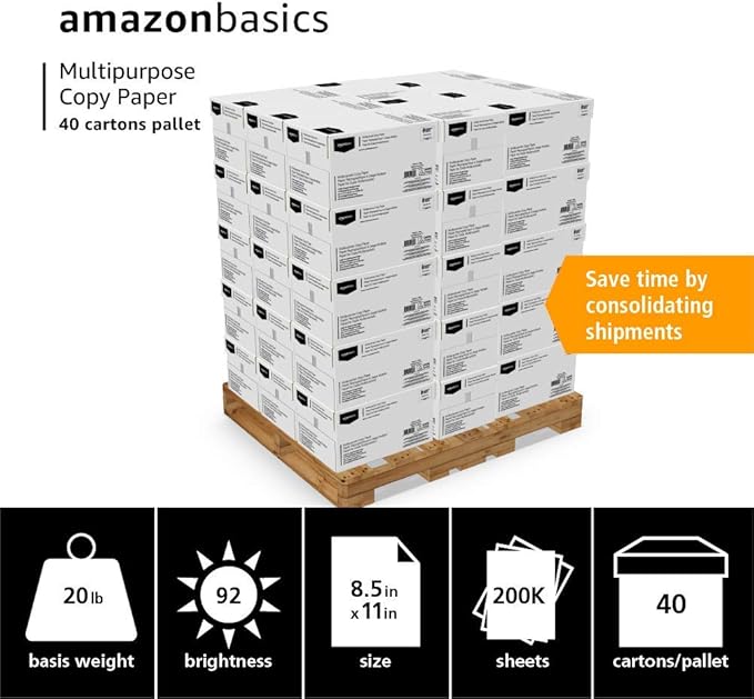 Amazon Basics Multipurpose Copy Printer Paper, 8.5 x 11 Inches, 20 lb, 92 Bright, White, Pallet, 400 Reams (200,000 Sheets)