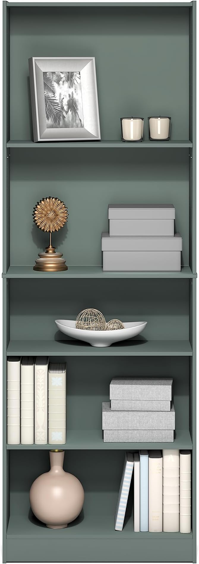 Furinno Jaya Book Shelf, 5-Tier Bookshelf, Bookcase with Adjustable Shelves, 9.5" x 24.5" x 71.2", for Organization and Storage, for Living Room, Bedroom, Home Office, Sage Green