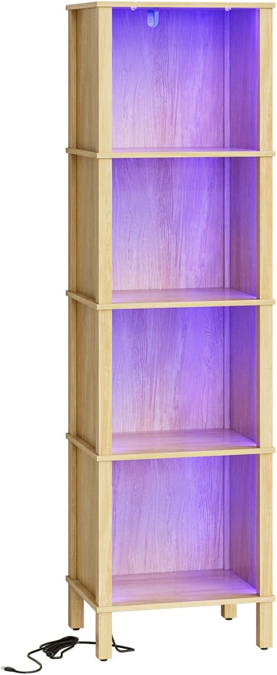 Bookshelf with LED Lights, Modern 4-Tier Bookcase, Open Storage Book Shelf, 11 × 14.2 × 50.4 Inches, Small Narrow Bookshelves for Living Room, Home Office, Bedroom, Natural