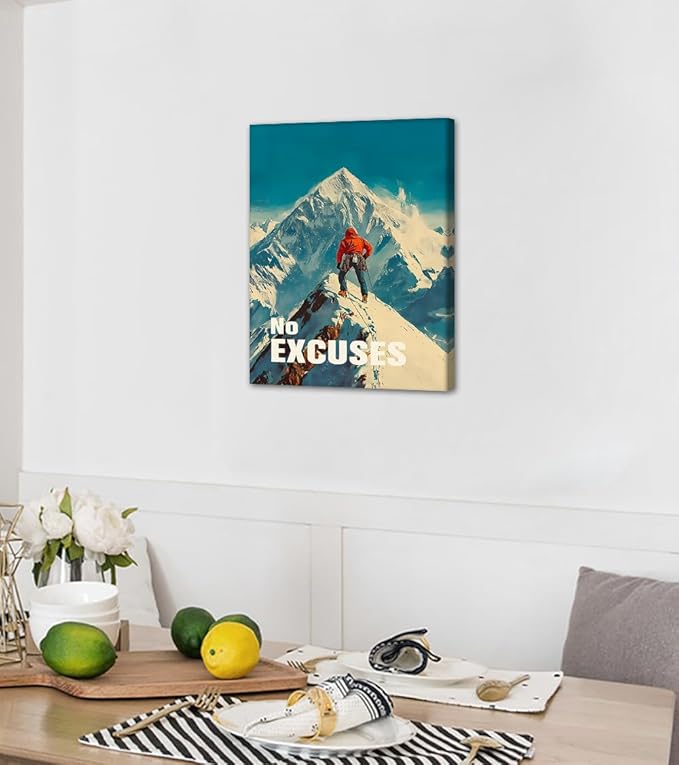 No Excuses Canvas Wall Art - Motivational Climber Print with Snowy Peak Background, Inspirational Wall Decor Inspiring Poster Positive Artwork for Office Home Gym Living Spaces, Framed 18"x24"